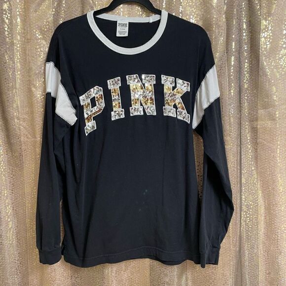 PINK Victorias Secret Black Long Sleeve Silver Gold Bling T Shirt Medium - Picture 1 of 4